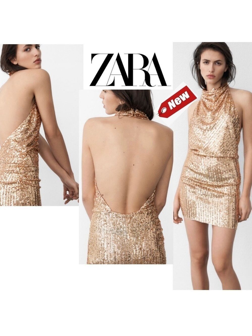 ZARA GOLD WOMAN SHORT SEQUIN DRESS HALTER Sz XL NWT Sparkly party